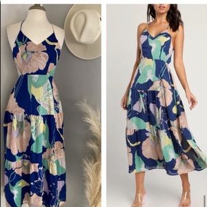 ❤️ Lulus Hours of Flowers Blue Multi Floral Lace-Up Tiered Midi Dress